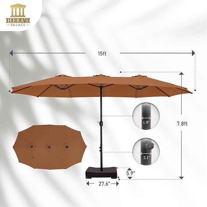 HERA'S PALACE Umbrella Patio Outdoor with Base 15ft Rectangle Table Double Market Heavy Duty Umbrellas Clearance Large Included Stand for Deck Outside Pool Yard Inground Commercial, Tawny