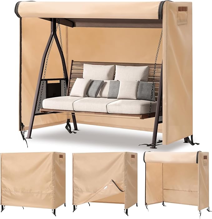 Outdoor Swing Covers for Patio Swing 3 Seater, 87" L x 49" D x 67" H, 3 Seat Cover Waterproof, Porch Patio Canopy Cover, Windproof UV Resistant All Weather Protector - Beige