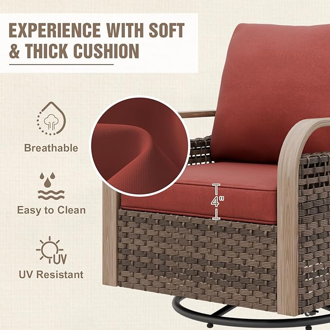 Modern Wicker Patio Furniture Set, Rattan Outdoor Conversation Set with Comfortable Cushions, 2 Swivel Rocing Chairs, 2 SeatLoveseat, Coffee Table and Side Table, 5 Pieces, Brown/Red