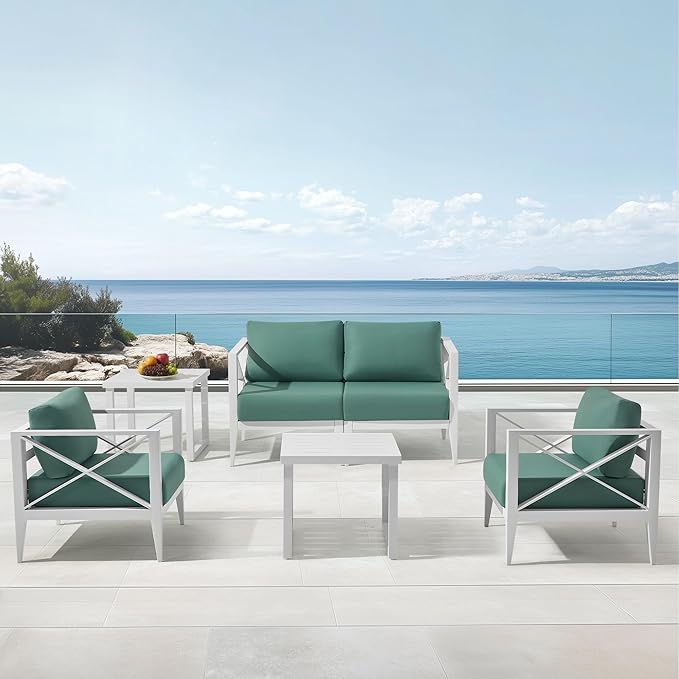 MBY Outdoor Aluminum Patio Furniture Set, 4-Seats Patio Conversation Sofa Set with 2 Coffee Table, All Weather for Pool, Balcony, Garden-White