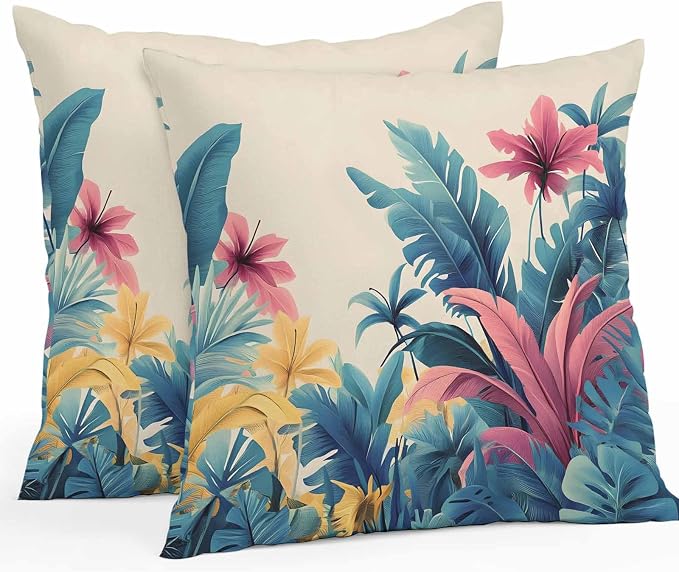 Summer Tropical Leaves Waterproof Outdoor Pillow Covers Set of 2 Home Decor, Farmhouse Botanical Plants Pillowcase Patio Pillow Covers for Couch Bench Furniture Garden 18x18in