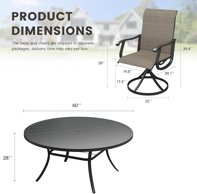 Outdoor Dining Set for 8, 60" Metal Round Outdoor Dining Table with Umbrella Hole and Sling Patio Swivel Chairs, 9 Pieces Patio Table and Chairs Set for Garden Backyard, Mixed Brown and Black