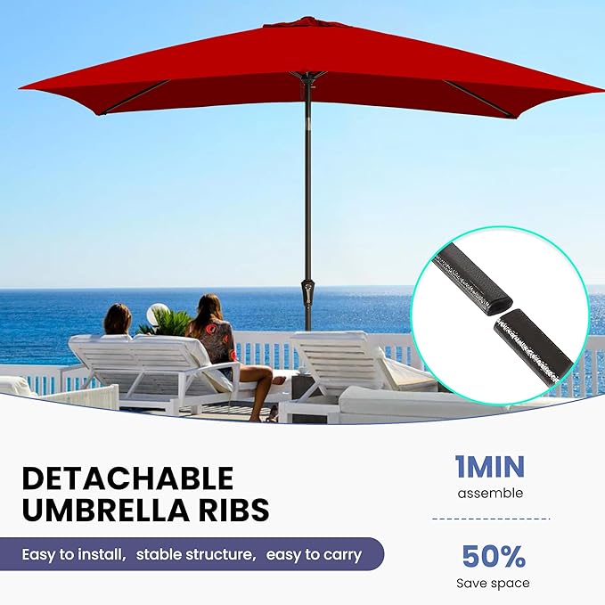 Ayge 6.5x10FT Rectangular Patio Umbrella Outdoor Table Umbrella w/Push Button Tilt & Crank Rectangle Market Umbrella UV Protection for Garden,Deck,Lawn,Yard & Pool,Red