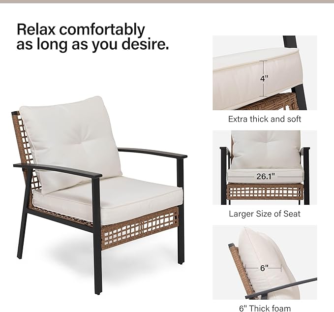 LAUSAINT HOME Outdoor Rattan Bistro Set, Patio Furniture Wicker Chairs Set of 4 with Deep Seating and Thick Cushions, Oversize Conversation Set for Garden, Balcony and Backyard (Beige)