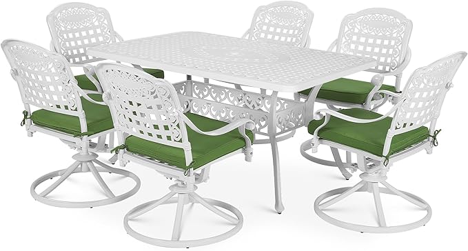 VIVIJASON 7-Piece Outdoor Furniture Dining Set, All-Weather Cast Aluminum Patio Conversation Set, Include 6 Swivel Dining Chairs and a Rectangle Table with Umbrella Hole, White/Green Cushion