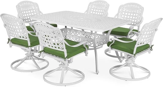 VIVIJASON 7-Piece Outdoor Furniture Dining Set, All-Weather Cast Aluminum Patio Conversation Set, Include 6 Swivel Dining Chairs and a Rectangle Table with Umbrella Hole, White/Green Cushion