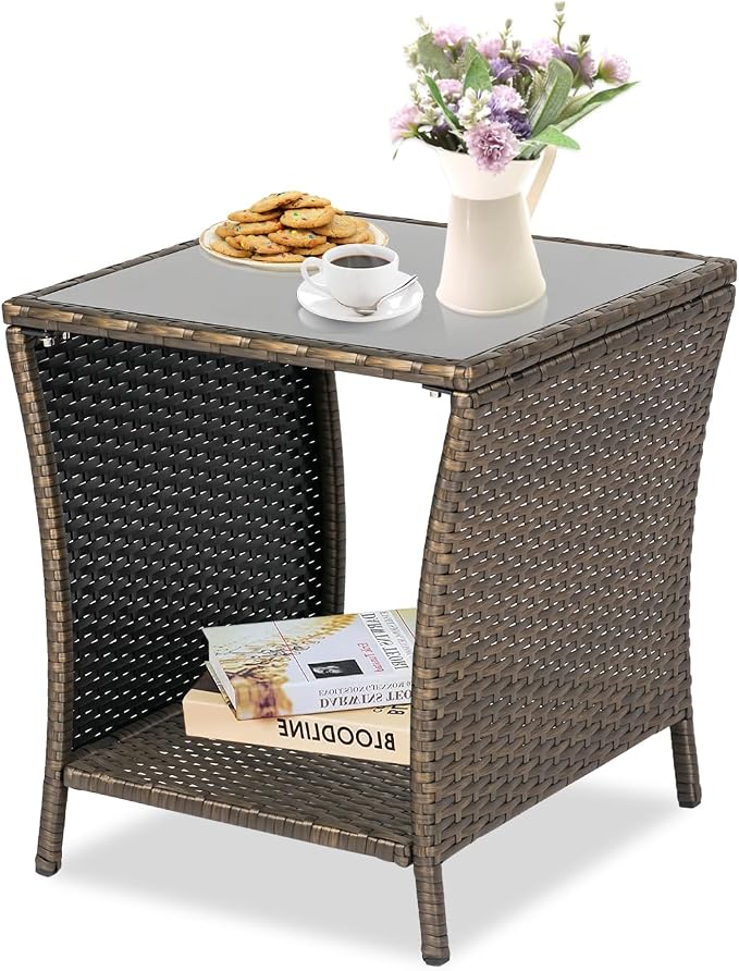 Kinfant Outdoor Wicker Side Table - Patio Square End Table with Steel Frame, Garden Coffee Table with Tempered Glass Top & Extra Storage Shelf for Pool, Lawn, Backyard, Dark Brown, RTET506-F