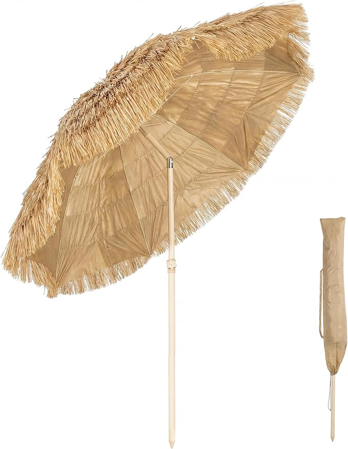 Outsunny 6FT Tiki Umbrella, Outdoor Hawaiian Style Patio Umbrella with 8 Ribs, Carry Bag, Outdoor Tiki Bar, Tropical Palapa for Pool, Beach, Khaki