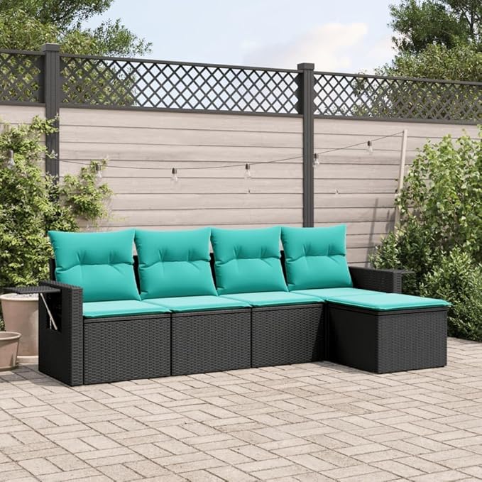 5 Piece Patio Sofa Set with Cushions, Garden Lounge Set Front Porch Furniture Outdoor Sofa Sets Patio Conversation Set for Negotiation Area Exhibition Poolside Garden Black Poly Rattan