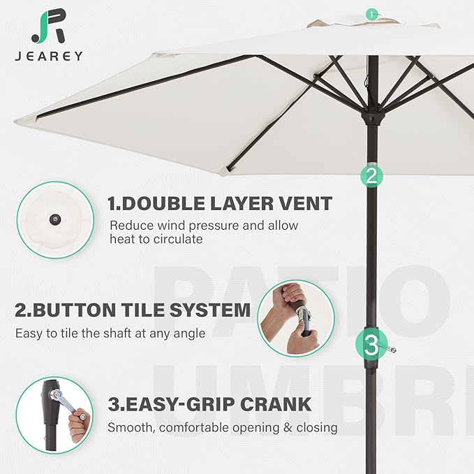 JEAREY 7.5FT Patio Umbrella Outdoor Market Umbrella with 6 Sturdy Ribs, Push Button Tilt/Crank Table Umbrella for Garden, Deck, Backyard and Pool, Cream White