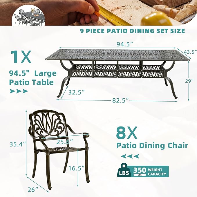 MEETWARM 9-Piece Outdoor Patio Dining Set for 8, All Weather Cast Aluminum Patio Funiture Set- 94.5” Rectangular Table with 2" Umbrella Hole and 8 Chairs, Patio Table and Chairs Set, Dark Bronze