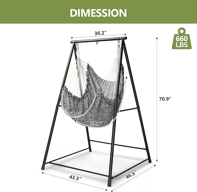 Hammock Chair Stand with Swing Chair, Heavy Duty Freestanding Hanging Chairs with Stand, Outdoor Hammocks Bed for Outside Backyard, Camping, Garden, Yard, Patio, 660 lbs Weight Capacity (Black)