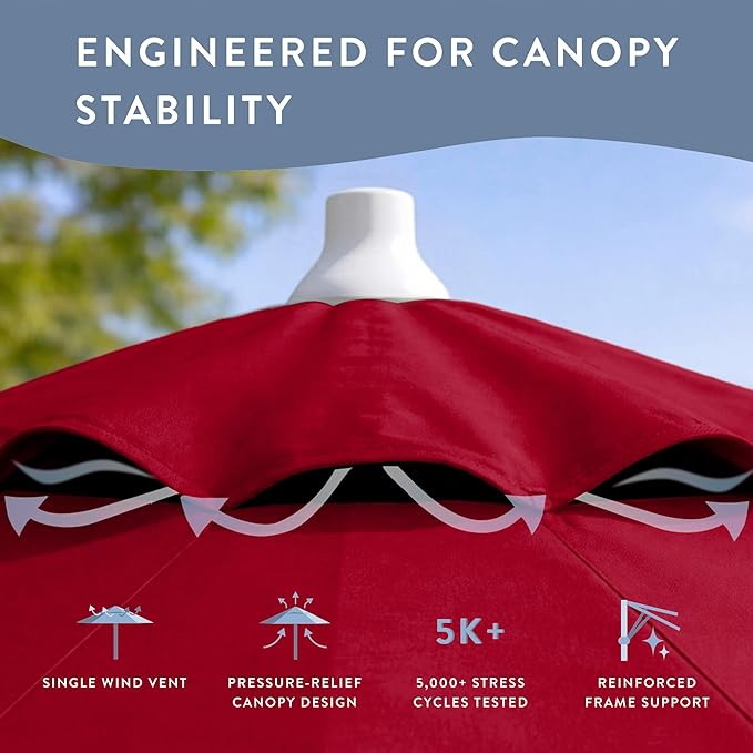 California Umbrella 10-Year Protection 9 Ft Outdoor Patio Umbrella, Pacifica Fade-Resistant Fabric, Auto-Tilt, Heavy Duty Aluminum Frame, 8 Reinforced Ribs for Pool or Deck, White Pole, Red