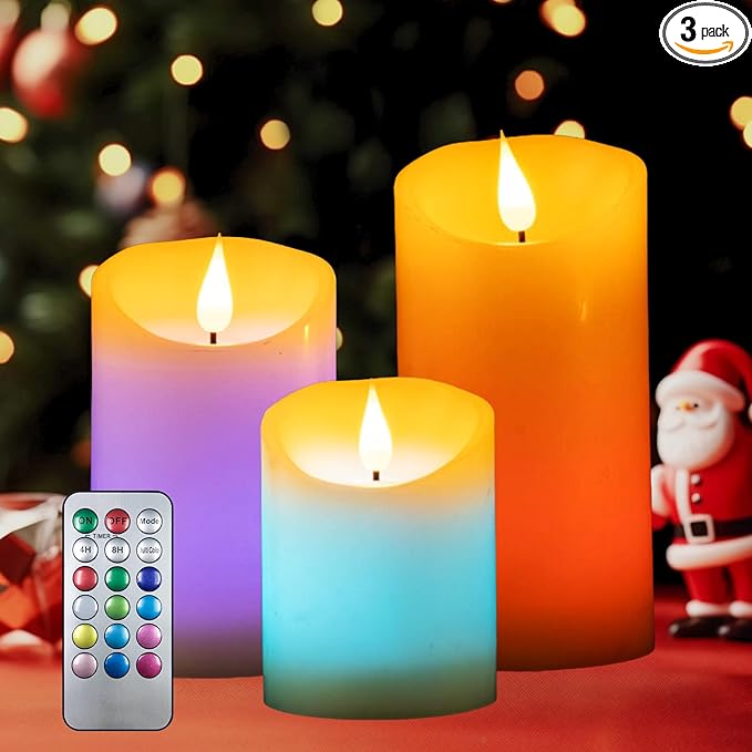 Flameless LED Color Changing Candles, Battery Operated Candle with Remote Control and Timer, Realistic Flame, Dimmable, Pillars for Christmas Party Decoration, D3''xH4''5''6'', 3Pcs