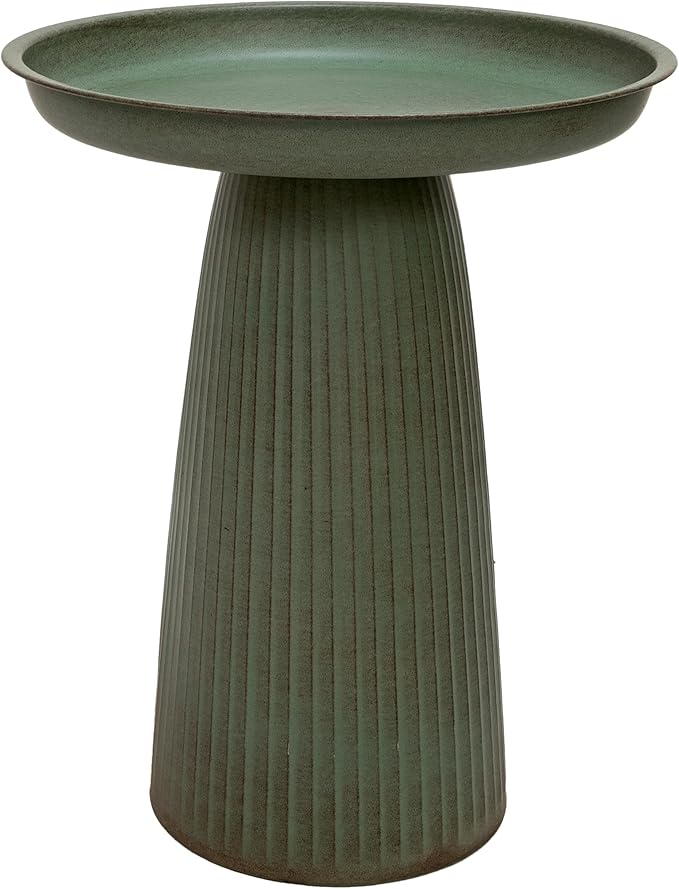 Sunnydaze Gleeful Garden 23" Iron Pedestal Bird Bath for Outside - Modern Shallow Basin Birdbath for Outdoors with UV-Protected Rust-Resistant Finish for Patio, Garden, Yard Decor - Matte Green