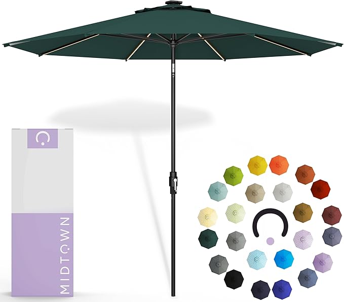Midtown Umbrellas The LED Swilt 10 Feet Patio Umbrella With Terylast Forest (Dark Green) Polyester Fabric - Auto-Tilt Aluminum Frame With LED Lights For Backyard, Deck, Garden, Pool - Black Pole