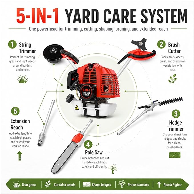5 in 1 Weed Eater Gas Powered, 52CC 2 Stroke Hegde Trimmer, Weed Wacker,String Trimmer, Heavy Duty Brush Cutter, Pole Saw with Extension Pole, Multi Functional Trimming Tools for Lawn Care