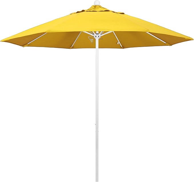 California Umbrella 9' Round Aluminum/Fiberglass Umbrella, Push Open, White Pole, Olefin Lemon Fabric
