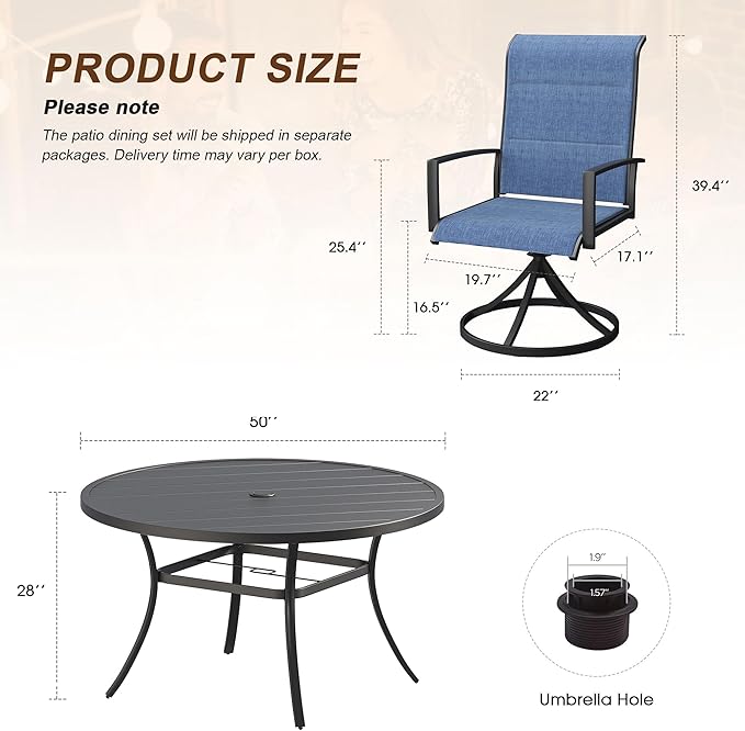 VICLLAX 7 Pieces Outdoor Dining Set, Patio Furniture Set Includes 50" Round Metal Table W/ 1.9" Umbrella Hole and 6 Padded Textilene Swivel Chairs for Porch, Lawn, Garden, Backyard