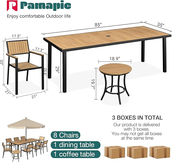 Pamapic 10-Piece Outdoor Dining Set, Patio Aluminum Furniture with Plastic-Wood Table Top & 8 Stackable Chairs, Outdoor Furniture Set for Patio Garden Poolside (Teak)