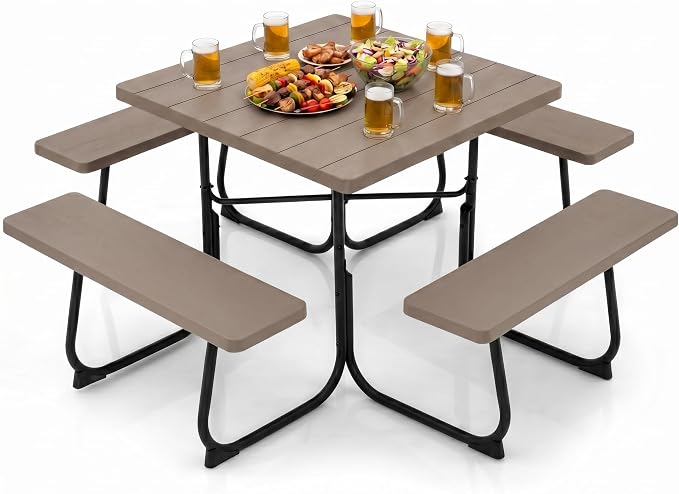 POWERSTONE Picnic Tables with Benches for 8, Outdoor HDPE Picnic Table with Umbrella Hole, Heavy Duty 35" Portable Dining Set Camping Table for Backyard, Patio, Park(Coffee)