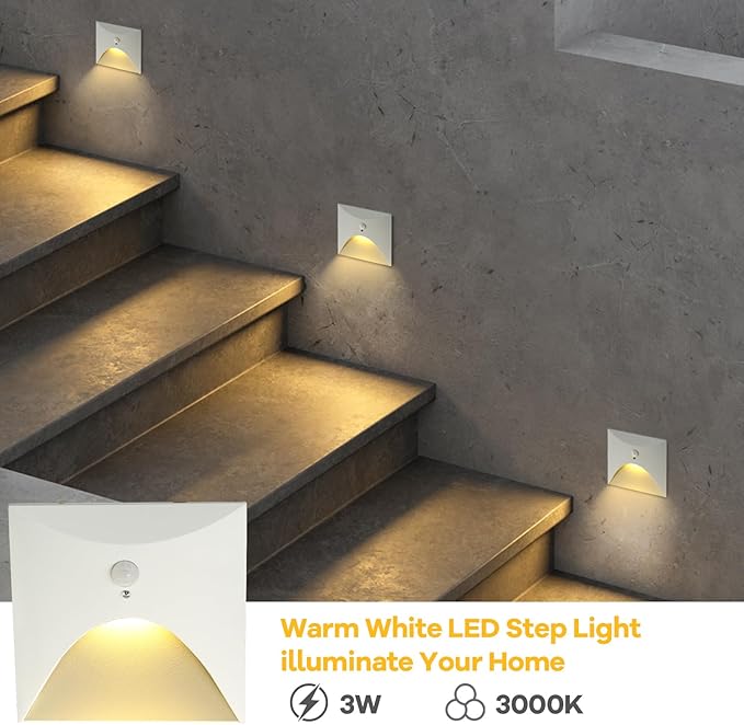 FVTLED 4 Pack Motion Sensor LED Step Lights, 3W AC 85-265V Stair Lights Indoor Outdoor, 3000K Warm White, Arc Design, IP44 Waterproof Staircase Lighting-White Shell