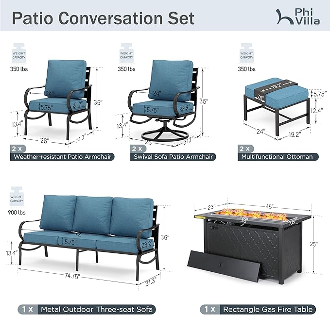 PHI VILLA Outdoor Patio Furniture Set, Swivel Sofa Chairs & 3 Deep Seat Sofa Bench, Gas Firepit Table, Upgraded Fabric Suitable for Outdoor Use, 8 PCS Navy Blue