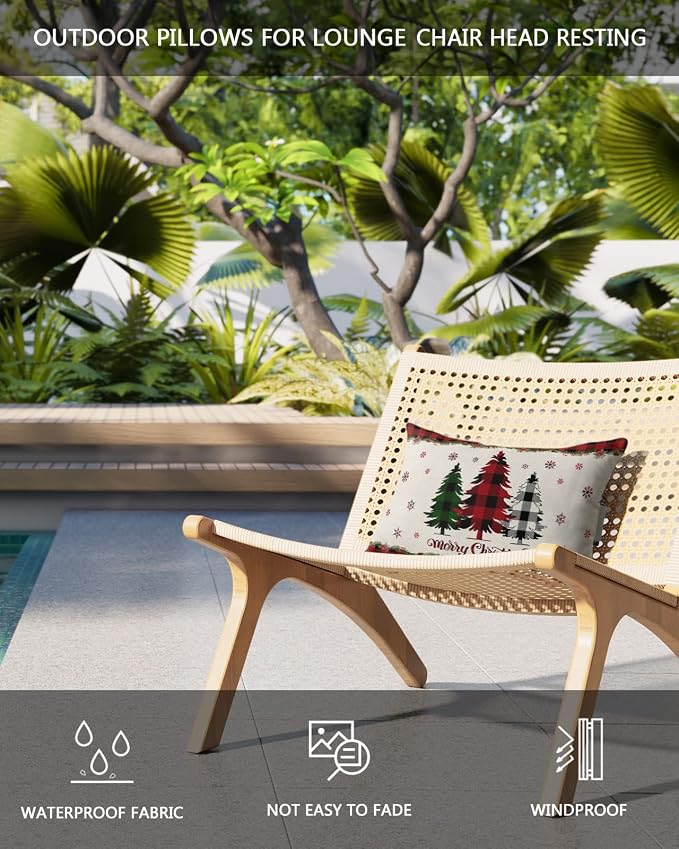 Outdoor Pillows Covers with Inserts Merry Christmas Buffalo Check Plaid Tree Waterproof Recliner Pillow with Adjustable Strap Throw Pillows for Patio Furniture Pool Lounge Chair, 11x16 inch, 1PCS