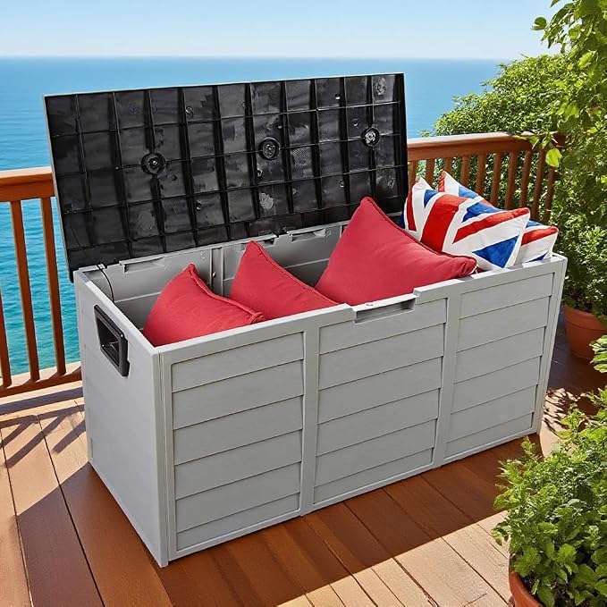 DHAEY 75 Gal Deck Box, Versatile Rolling Storage Solution for Gardens, Garages - Weatherproof with Handles & Lock Hasp, Holds Furniture Cushions, Equipment, Seasonal Gear, Easy Snap-Together Assembly
