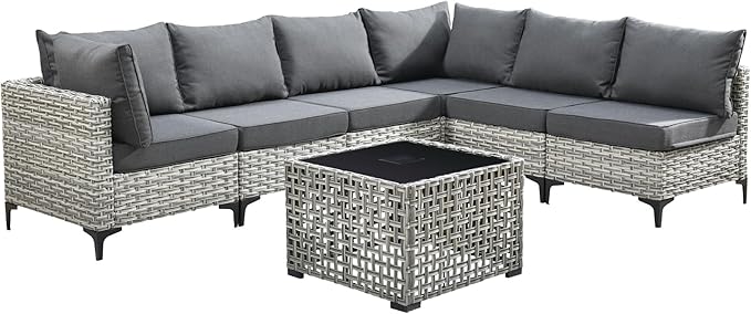 Outdoor Patio Furniture Sets,7 PCS Patio Conversation Set Outside Rattan Sectional Sofa with Coffee Table Fit Backyard Porch Garden Poolside Balcony