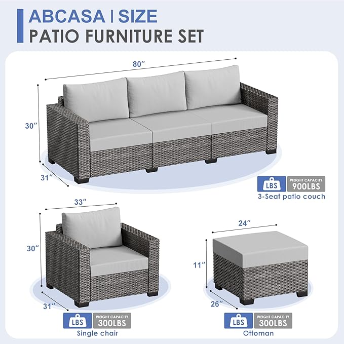 ABCASA 7-Piece Patio Furniture Set | Indoor Comfort for Outdoor Living | Weather-Resistant Wicker & Ultra-Thick Cushions | Grey Patio Conversation Set for Deck, Porch, Poolside