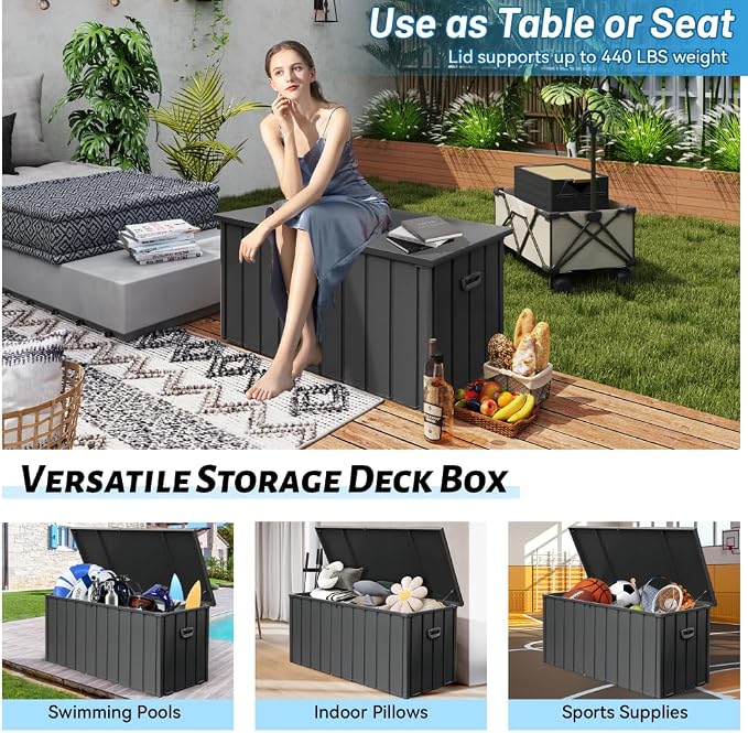 Large 120-Gallon Waterproof Outdoor Storage Box for Patio, Deck, or Poolside – Durable Weather-Resistant Design with Lockable Lid (100 Gallon (Dark Gray) + Waterproof Storage Bag)
