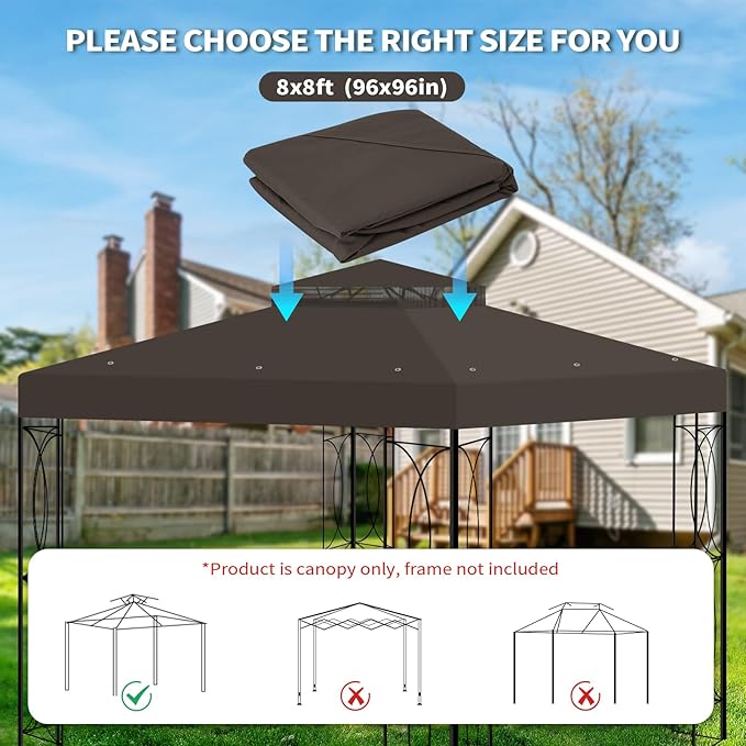 8'x8' Gazebo Top Canopy Replacement Cover - Double Tier Top Canopy Cover Replacement with UV30+, Dirt, Water Resistant for Outdoor, Garden, Pavilion (Coffee)