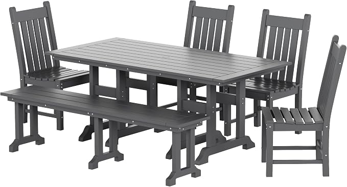 WestinTrends Malibu 6 Piece Outdoor Dining Set with Bench, All Weather Poly Lumber Patio Table and Chairs Set, 71" Trestle Dining Table with Umbrella Hole, 5 Patio Chairs with Bench, Gray