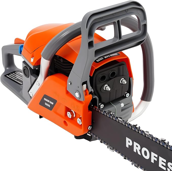 Gas Chainsaw, 58CC 2 Stroke Gasoline Powered Chainsaw, 20 Inch Handheld Single Cylinder Petrol Chain Saws for Forest, Wood, Garden and Farm Cutting Use, Self-reset Pull Start (58CC)