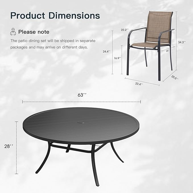 VICLLAX 11 Pieces Patio Outdoor Dining Set, 63" Round Metal Table with Umbrella Hole and 10 Stackable Textilene Chairs for Patio, Lawn, Garden, Porch, Black/Brown