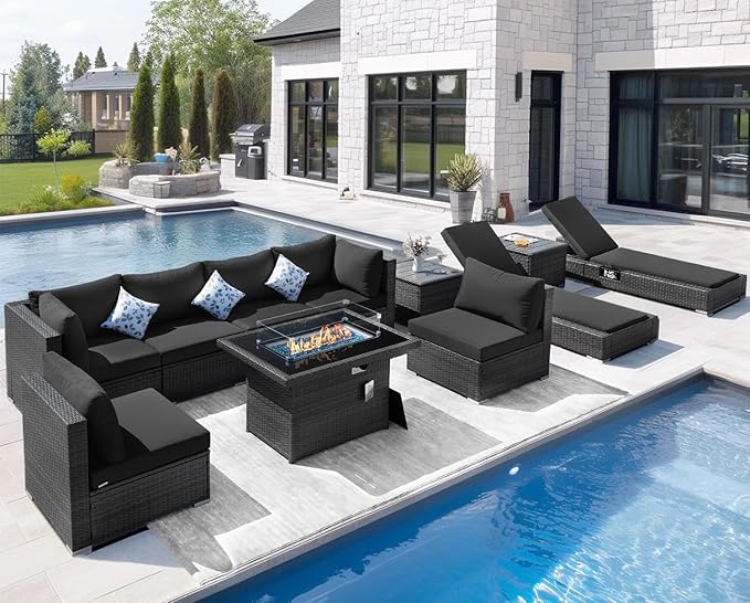 NICESOUL 11 Piece Outdoor Patio Conversation Set with Fire Pit Natural Gas/Propane, 29.3'' High Back Sectional Furniture w/Chaise Lounge, Deep Large Seating Sofa Couch, 2 Color Cushion Black & Gray