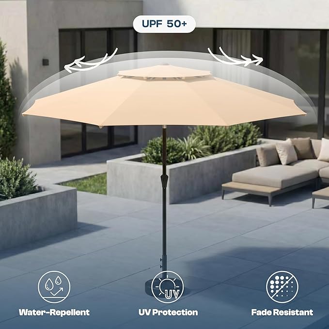 Patio Umbrella, 2 Tier Outdoor Table Umbrella, Large Vented Market Umbrellas with Push Button Tilt and Crank, 8 Sturdy Ribs for Backyard, Deck, Pool, UPF50+ UV Protection