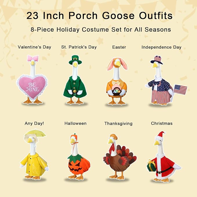 8 Set Porch Goose Outfits Holiday Goose Clothes for 23 Inch Goose Statue | Weather-resistant Polyester, Elastic Snug Fit, Seasonal Goose Outfits, Halloween, Christmas, All Holiday Themes, Patio Decor