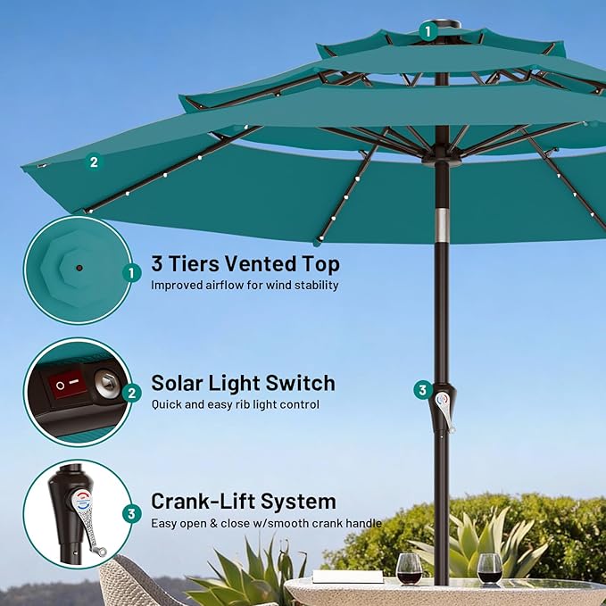 AreShark 9ft 3 Tiers Patio Umbrella with Solar Lights, Outdoor Umbrella w/ 32 LED Lights&8 Sturdy Ribs, Table Umbrella for Deck, Backyard, Pool (Lake Blue)