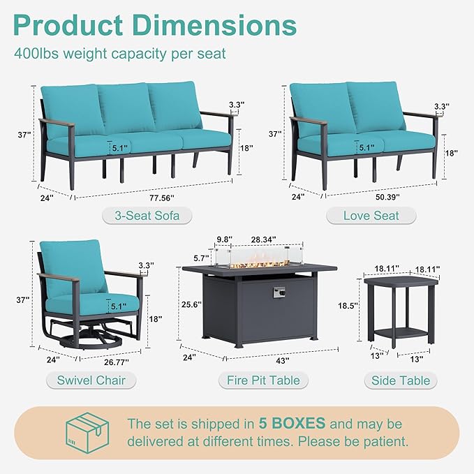 7-Seat Outdoor Patio Furniture Set with Rocking Swivel Chair, Aluminum Sectional Sofa Patio Conversation Set with 55,000 BTU Fire Pit Table & High Backrest & Thickened Cushions, Turquoise