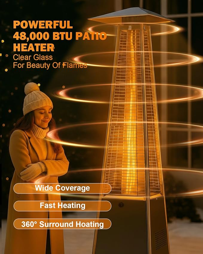 Pyramid Patio Heater, Outdoor Heater 48,000 BTU with Wheels & Weather-Resistant Cover, Triple Protection System for Large Spaces (Commercial Patio, Rooftop, Event) (1 heater)