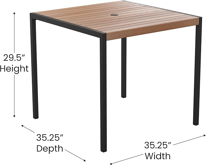 Flash Furniture Lark Outdoor Steel Dining Table - Faux Teak Poly Slatted Top - Commercial Grade Dining Table with Black Frame - 35" Square - Umbrella Holder Hole