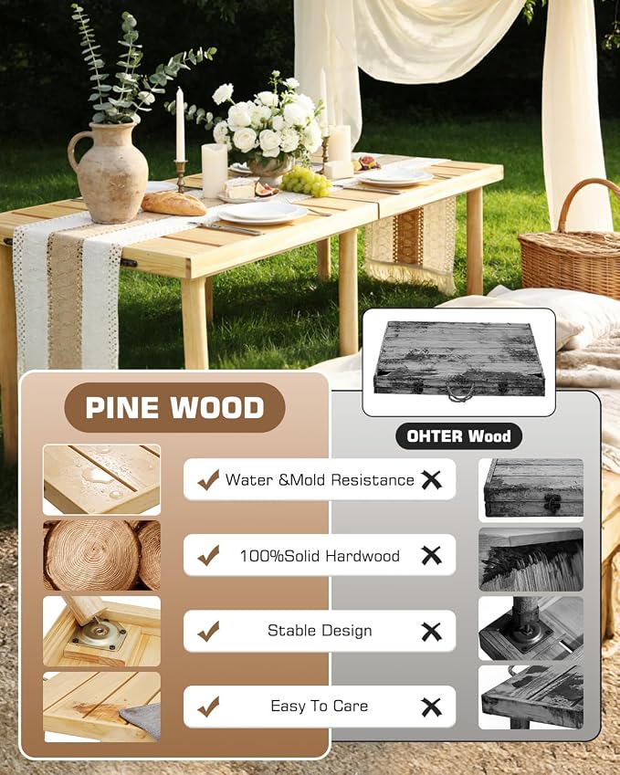 48" X 24" Boho Low Picnic Table, Portable Wooden Picnic Table with 3 Adjustable Heights, Natural Pine Wood Floor Table for Camping, Weddings, Beach & Family Gatherings, Seating for 2-4 People
