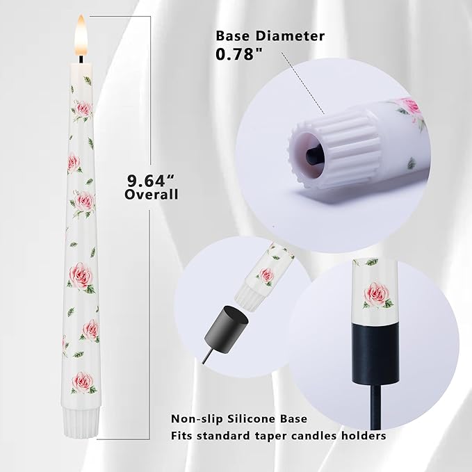 Rose Flameless Taper Candles, 9.6" Real Wax LED Candles with Remote, 3 Pack Flickering Battery Operated Candlesticks for Proposal Wedding Anniversary Romantic Night