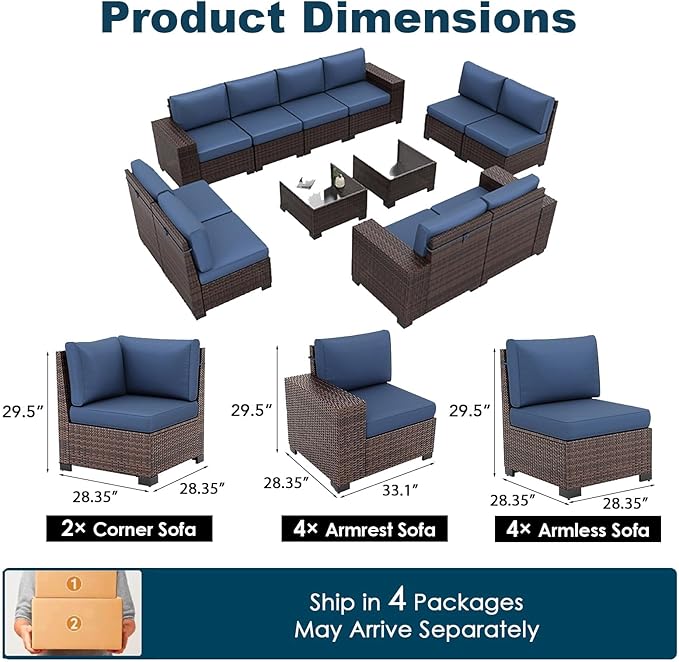 Patio Furniture Set, 12 Pieces Outdoor Sectional Sofa Conversation Sets with Waterproof Cover Modern Wicker Seating Set, 4'' Thickened Cushions & 2 Glass Coffee Table, Navy Blue