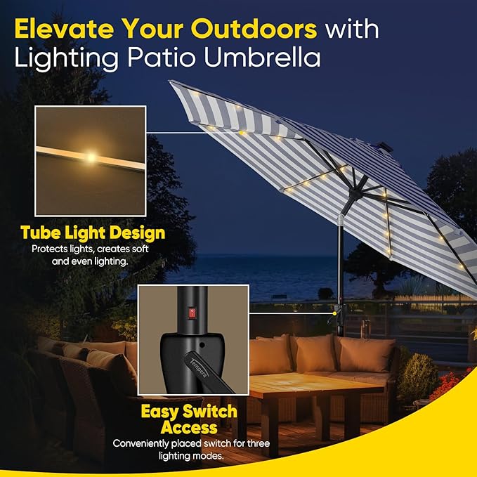 Tempera Solar Patio Umbrella 40 LED Lighted Outdoor Umbrella Table Market Umbrella with Push Button Tilt and Crank, Solar Umbrella with Sturdy Pole&Fade Resistant Canopy, Easy to Set