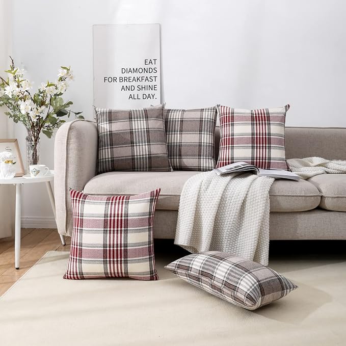 Red Plaid Merry Chirstmas Holiday Large Throw Pillow Covers 22x22 Set of 2 | Red Plaid Merry Chirstmas Holiday Large Throw Pillow Covers 22x22 Set of 2