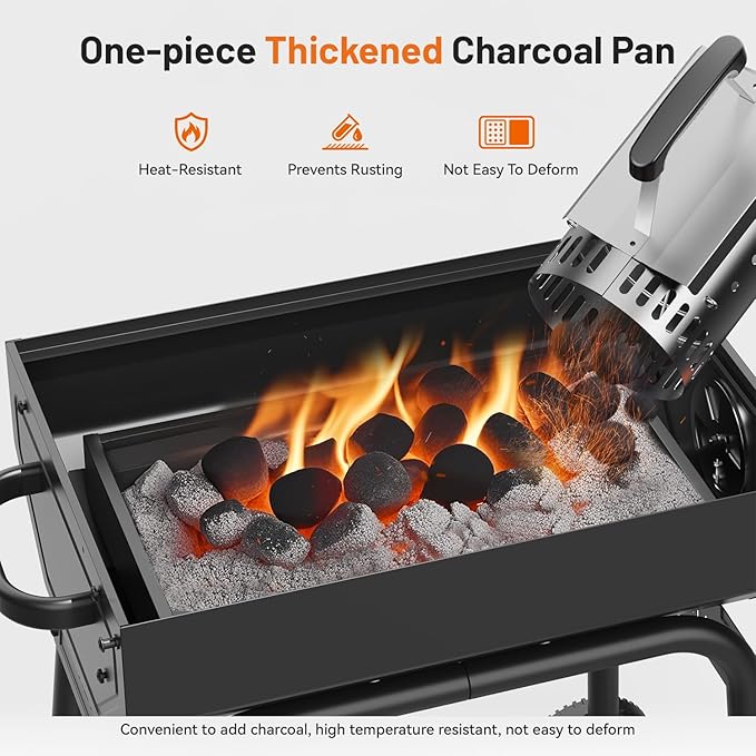 KEYO GRILL 23-Inch Movable Charcoal Grill, High Temperature Resistant Glass Barrel Charcoal Grills with Adjustable Vents, Warming Rack Outdoor BBQ Grills for Backyard, Patio and Parties, Black