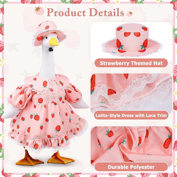 Cute Strawberry Porch Goose Outfits, 23” Porch Goose Summer Outfit | Goose Clothes with Dress and Hat for Outdoor Garden, Lawn, Yard, Patio Decor